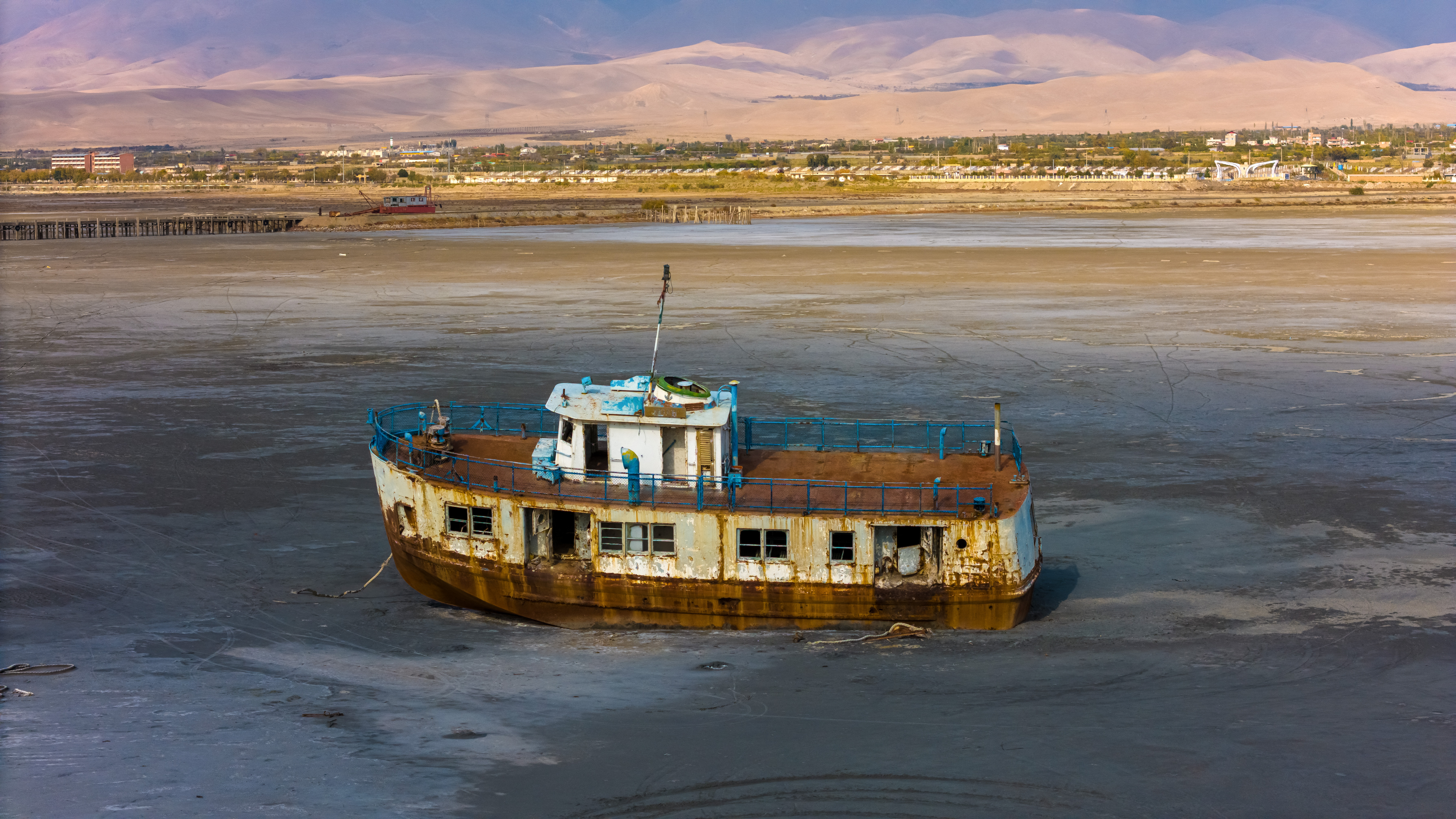 A ship stranded in the salt flats of Lake Urmia.